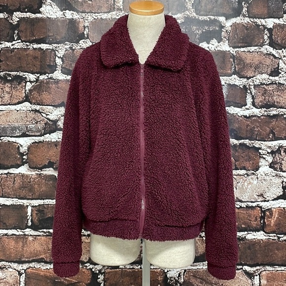 Z Supply NWT Sherpa Fleece Full Zip Jacket Coat Maroon Size Small Sweatshirt - Picture 5 of 14